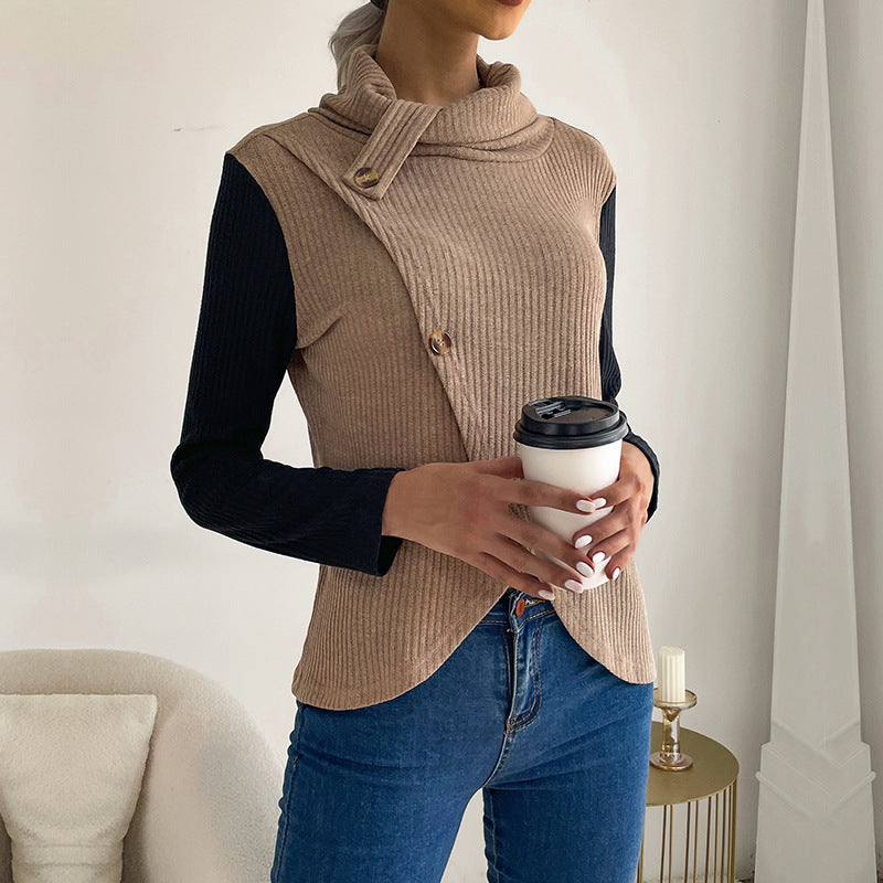 Women’s Asymmetrical Rib Knit Top with Button Detail and Stand-Up Collar Chichicherry