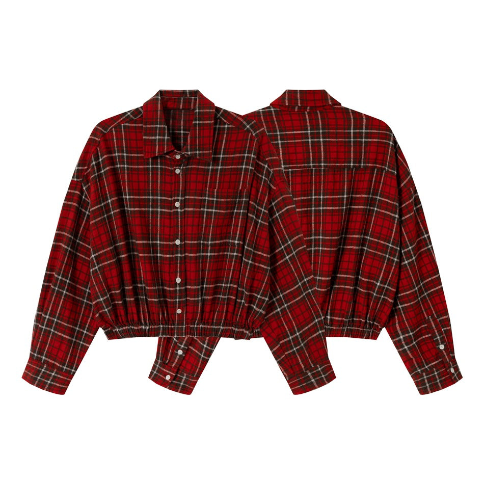 Women's Short Cut Oversized Shirt Jacket in Check Flannel with Elastic Hem Chichicherry
