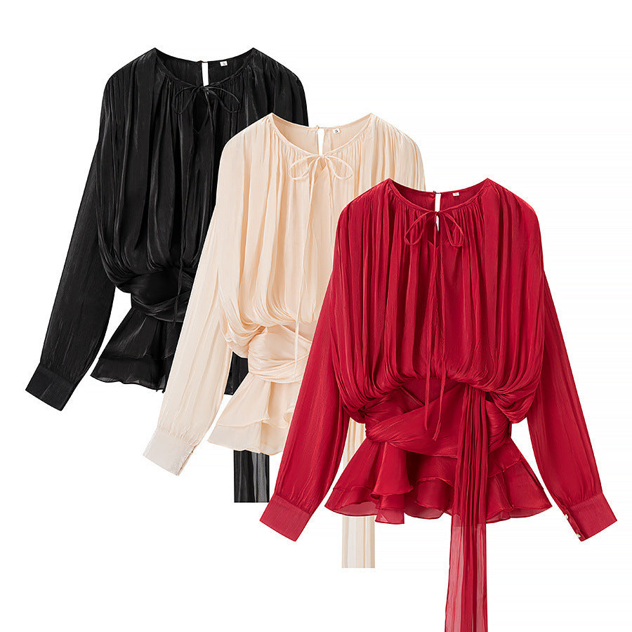 Women's chiffon blouse with draped corset look, ruffled peplum and tie belt Chichicherry