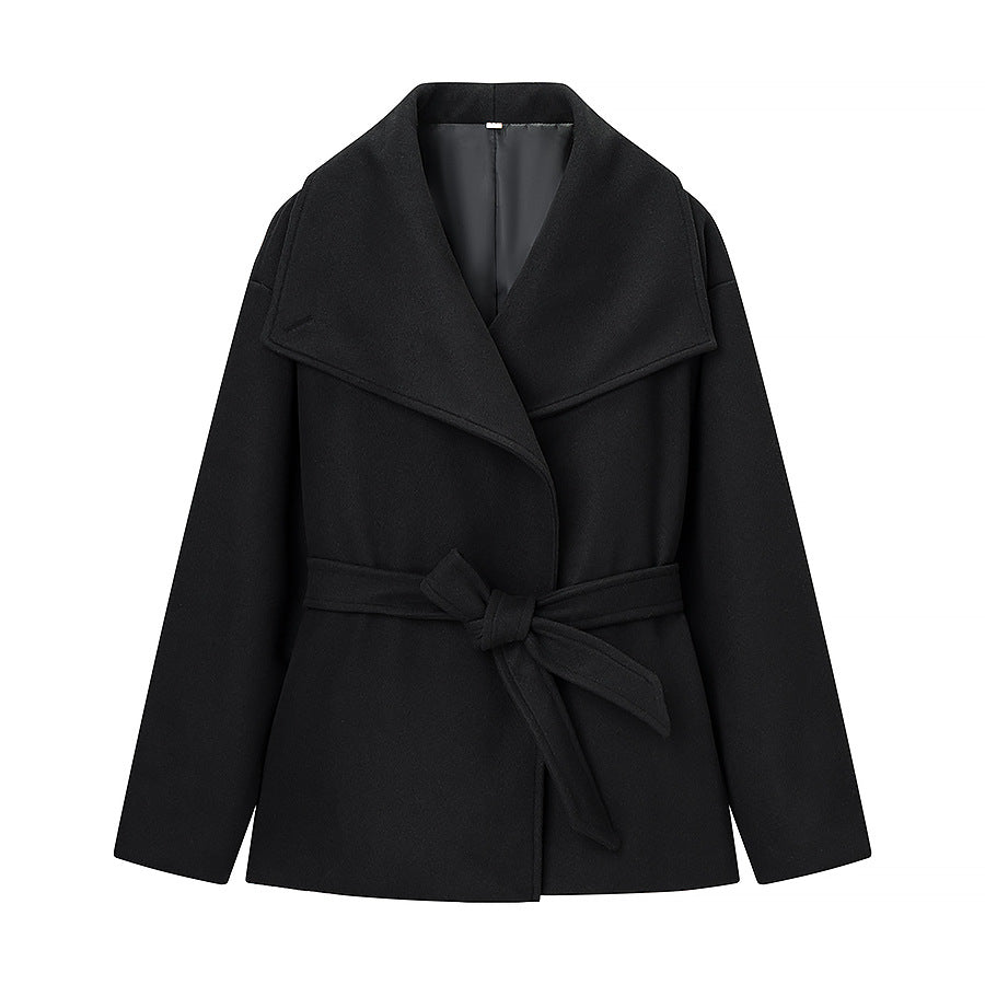 Women's Short Wool Blend Coat with Wide Shawl Collar and Waist Belt Chichicherry