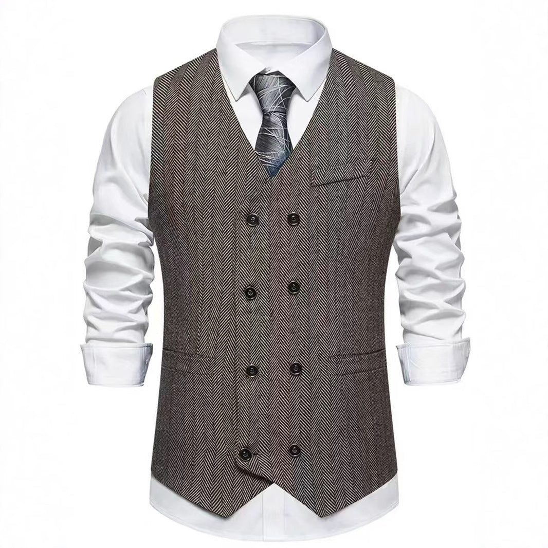 Men's Double-Breasted Herringbone Vest with Suit Look and V-Neck Chichicherry