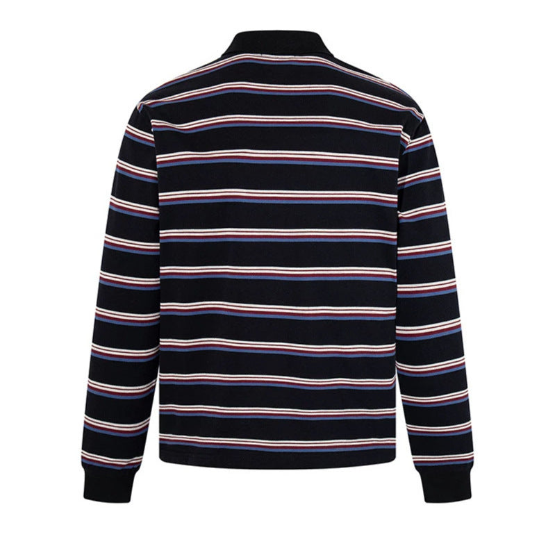 Men's Long Sleeve Polo Shirt with Retro Stripes, Ribbed Cuffs and Button Placket Chichicherry