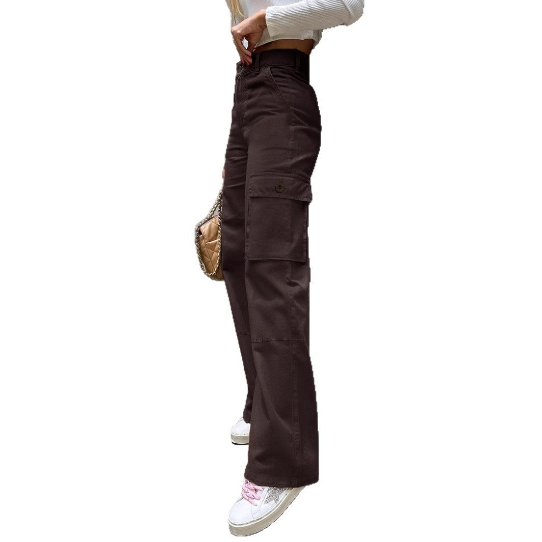 Women's High-Waist Utility Cargo Pants with Wide Leg and Knee Panels Chichicherry