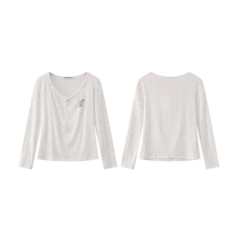 Women's long-sleeve shirt with lacing at the neckline, fine star jacquard, and heart emblem Chichicherry