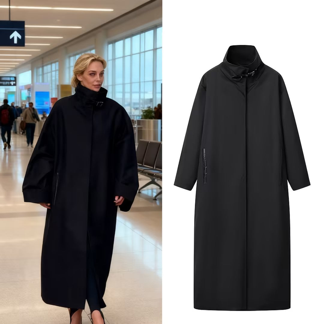 Women's Longer Minimalist Coat with High Stand-Up Collar and Concealed Front Chichicherry