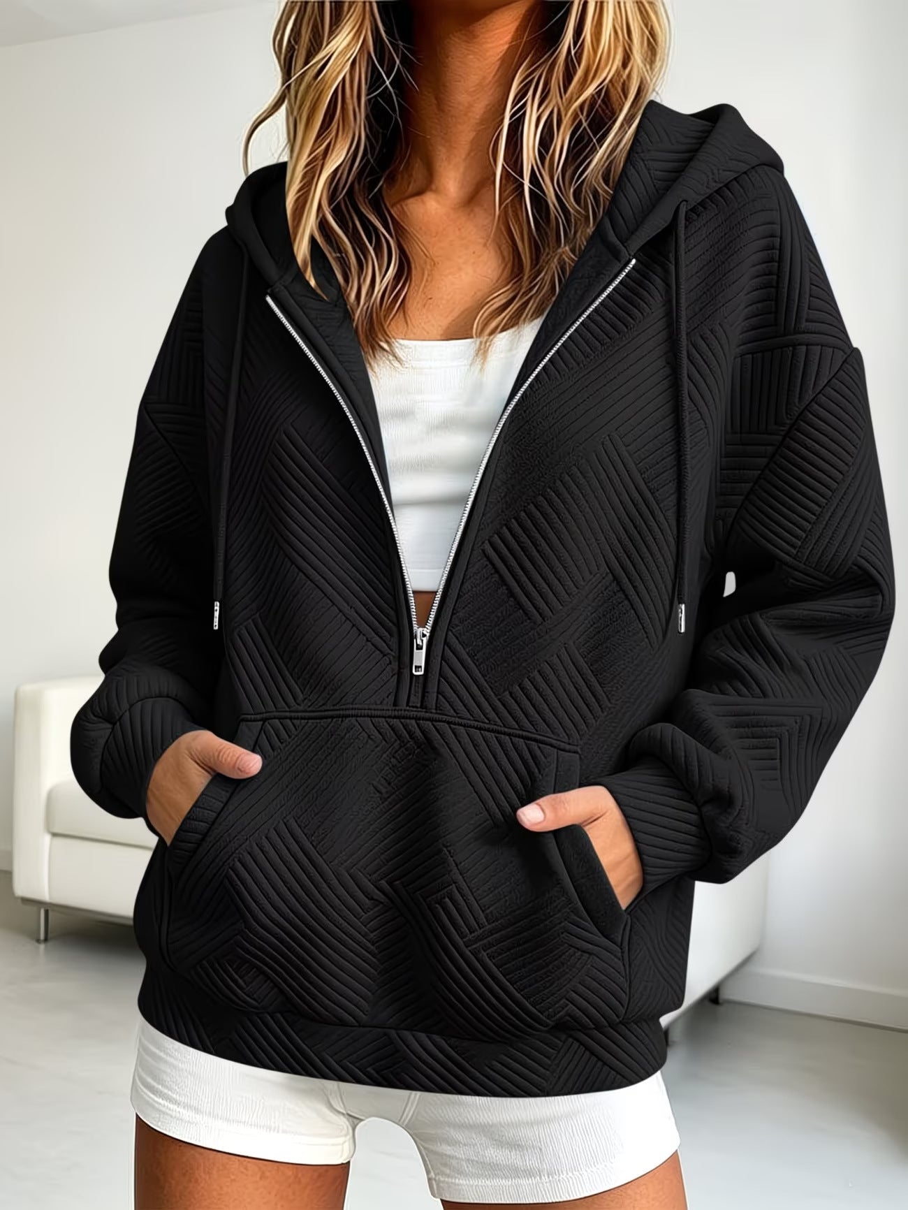 Women's Quilted Half-Zip Hoodie with Geometric Quilted Texture Chichicherry
