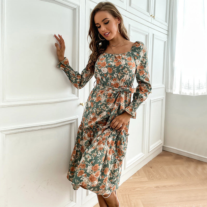 Women's midi dress with square neckline, puff sleeves, and waist lacing Chichicherry