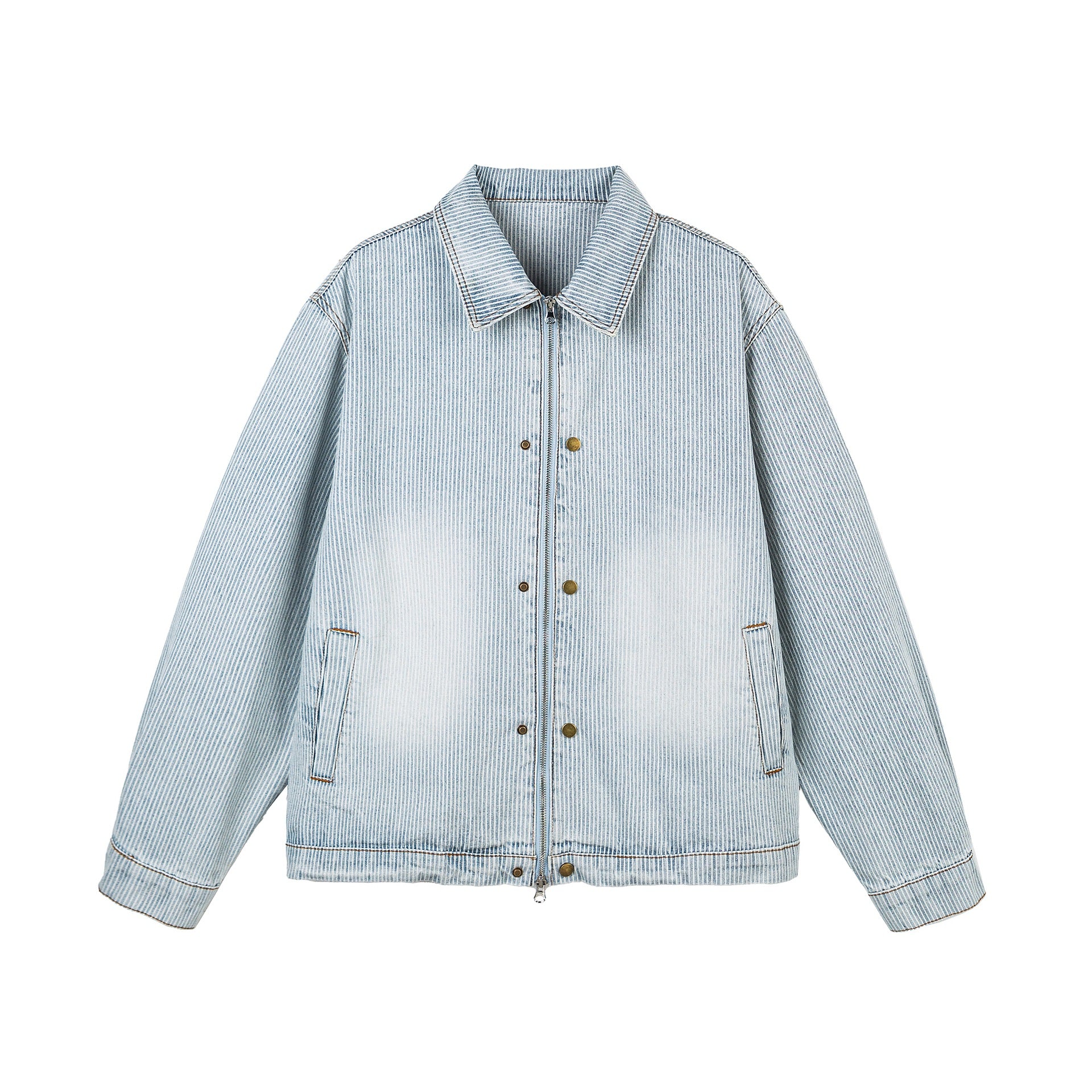 Women's Oversized Denim Jacket in Workwear Style with Fine Stripes and Two-Way Zipper Chichicherry