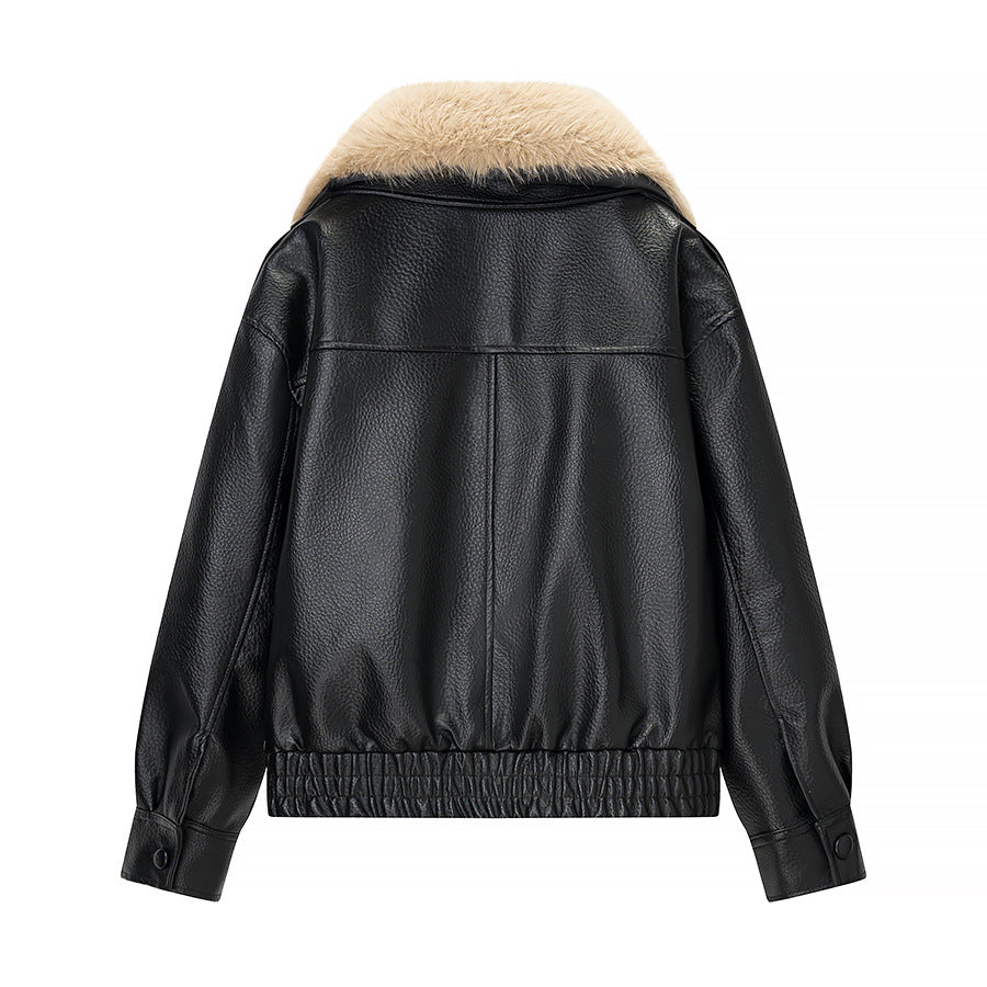 Women's short aviator-style jacket in leather look with extra-large faux fur collar and metallic zipper Chichicherry
