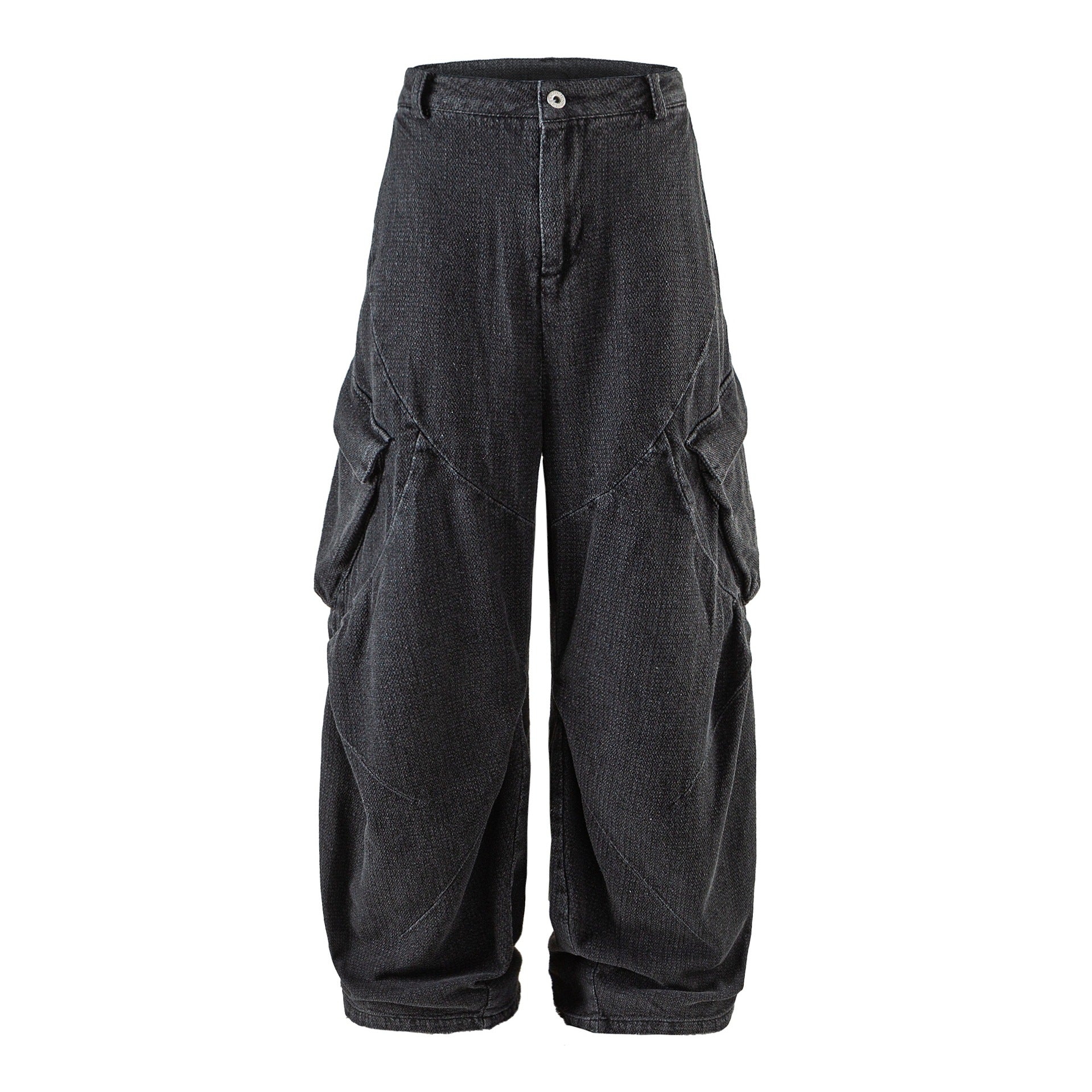 Women Wide Cargo Jeans Pants with High Waist, Distinctive Partial Seams and Decorative Pockets Chichicherry