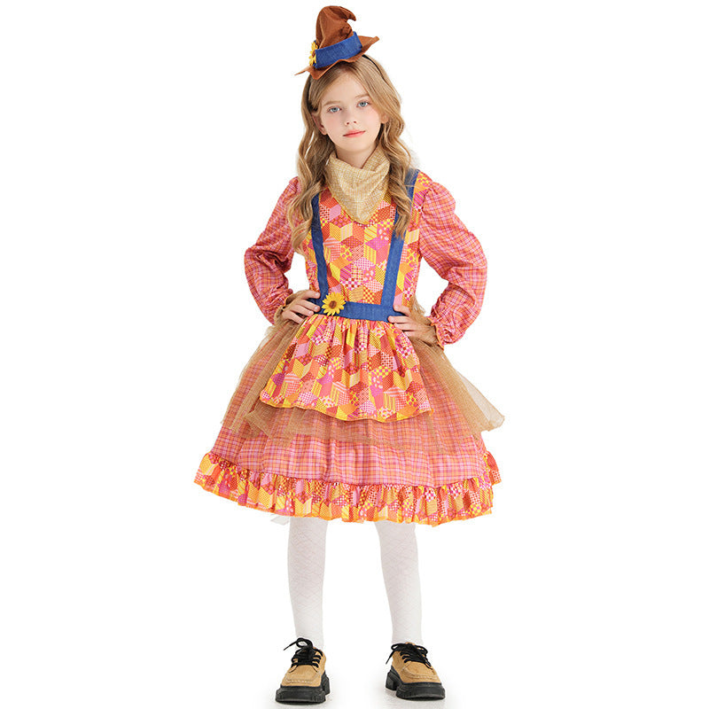 Girl Scarecrow Costume with Colorful Checkered Pattern and Stiff Hat Chichicherry