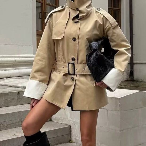 Women's Short Trench Coat with Waist Belt, Stand Collar and Contrast Cuffs Chichicherry