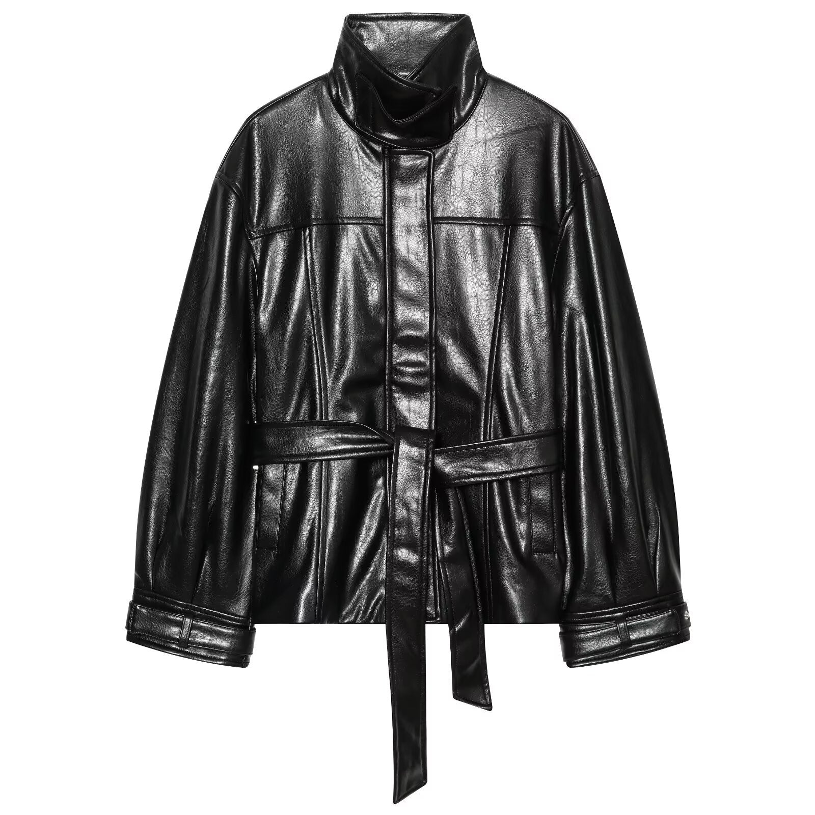 Women's Faux Leather Short Coat with High Stand Collar, Waist Tie Belt and Seams Chichicherry