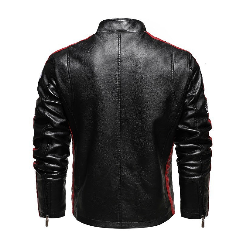 Men's Racing-Style Faux Leather Jacket with Patches, Contrast Stripes and Stand-Up Collar Chichicherry
