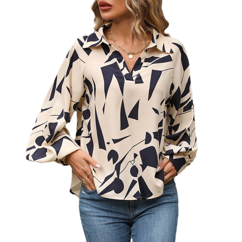 Women's viscose blouse with abstract graphic print, V-neck & balloon sleeves Chichicherry