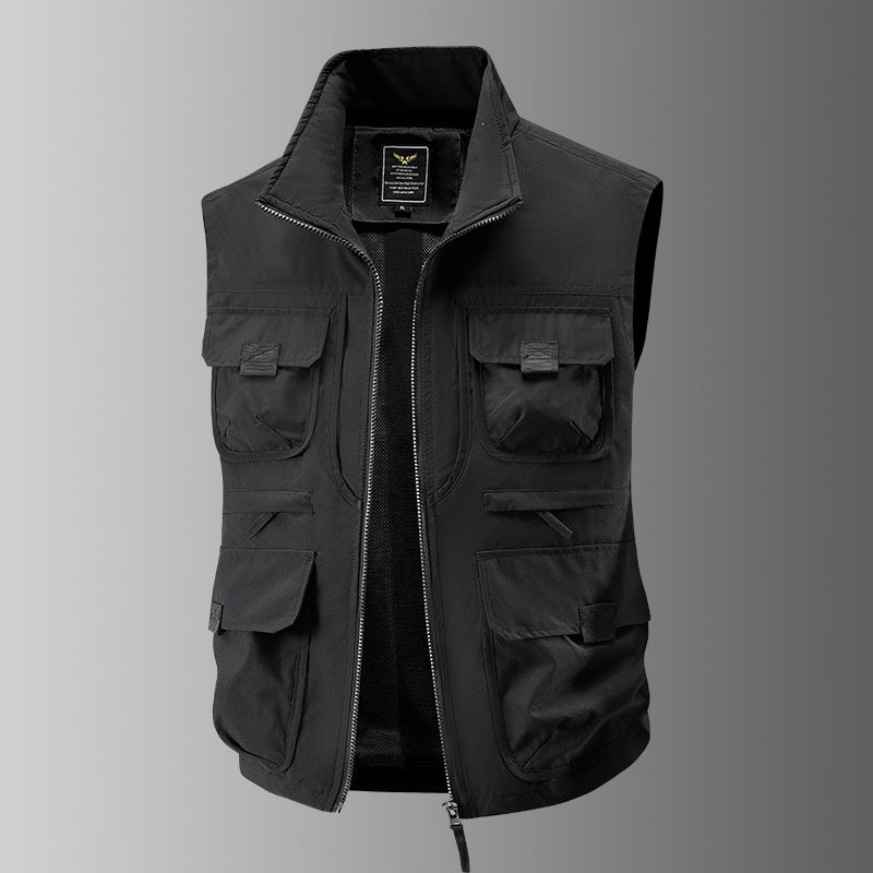 Men's Multi-pocket Utility Vest with High Collar, Zipper and Mesh Lining Chichicherry