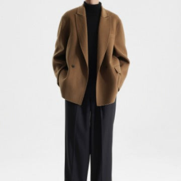 Men's Boxy Wool Blend Short Coat with Double Button and Notched Lapel Chichicherry
