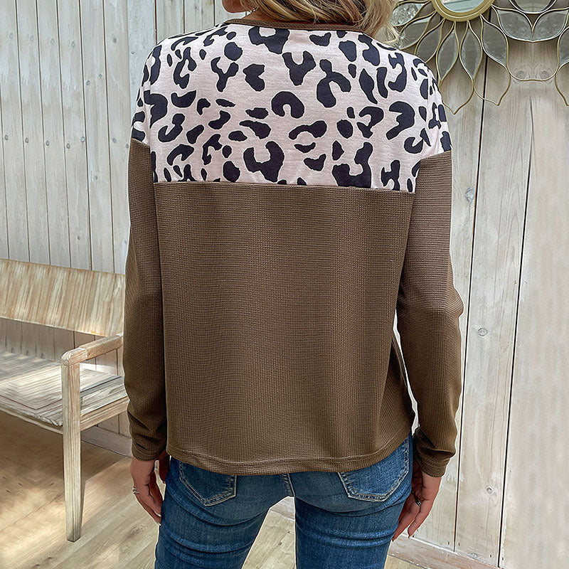 Women's Long-Sleeved Waffle Knit Shirt with Leopard Print Shoulder and Button Placket Chichicherry