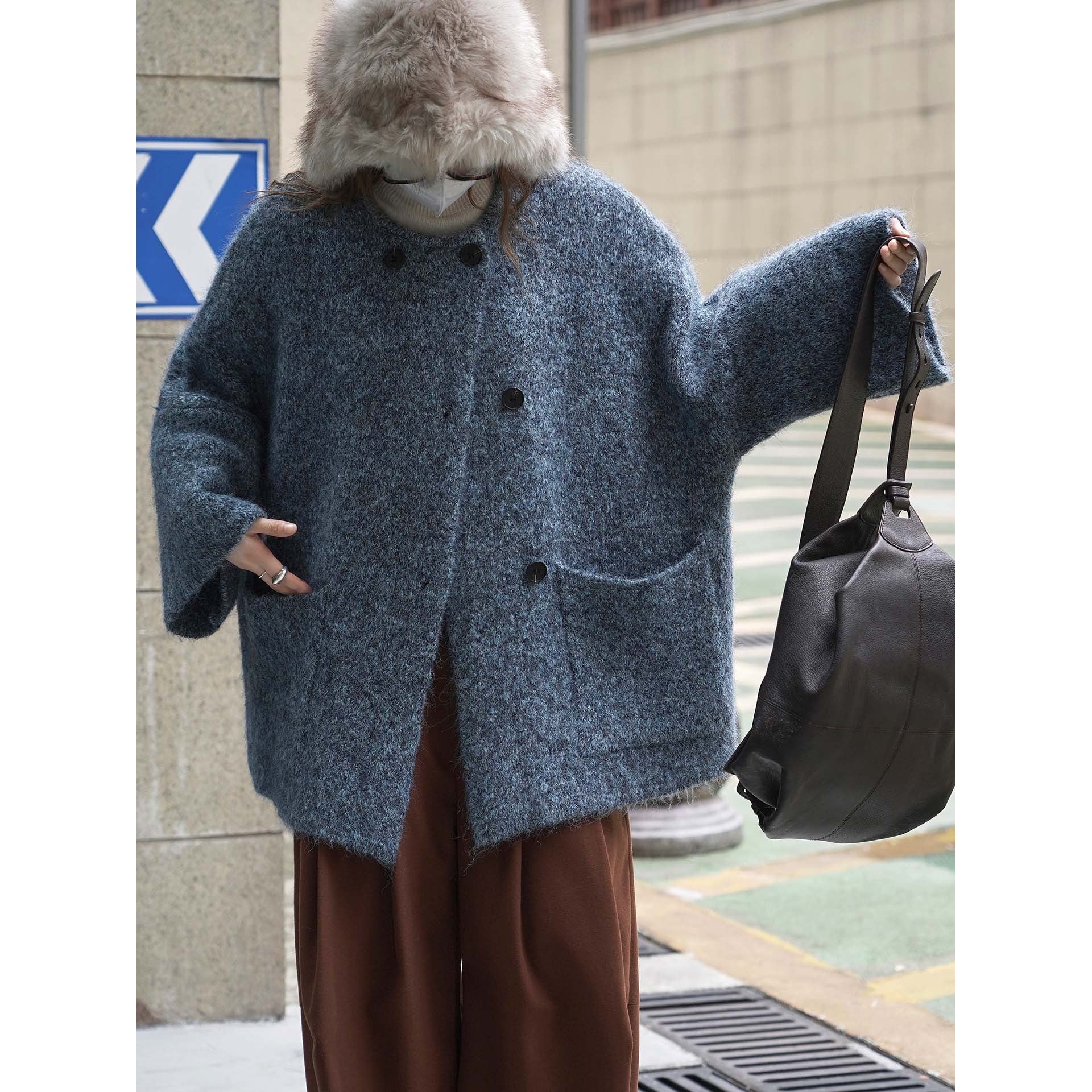 Women's short jacket in mohair look with round neck, button placket, and patch pockets Chichicherry