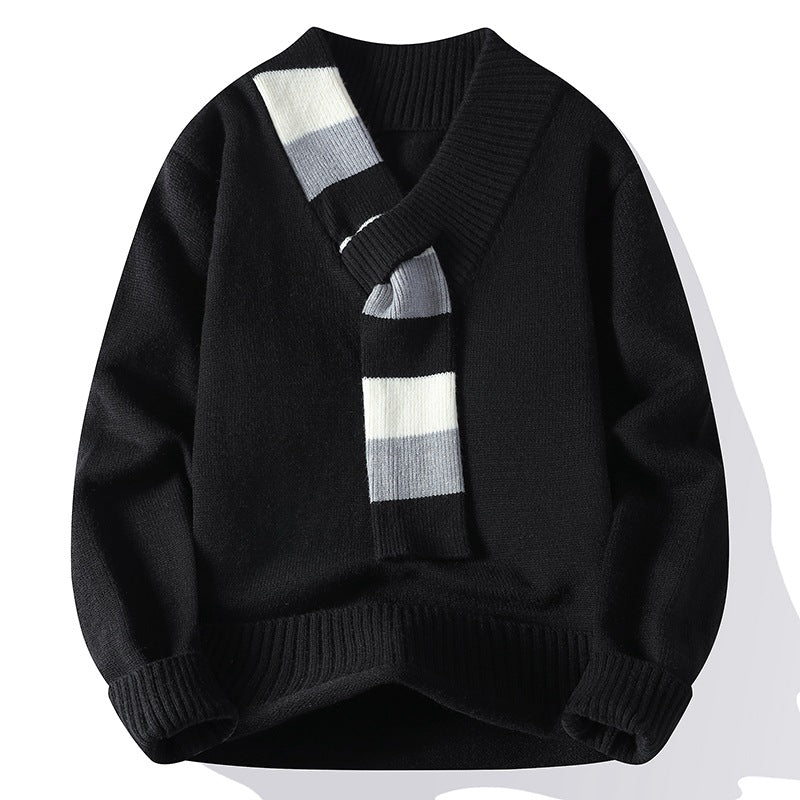 Men's V-neck knitted sweater with integrated contrast stripe scarf and ribbed cuffs Chichicherry