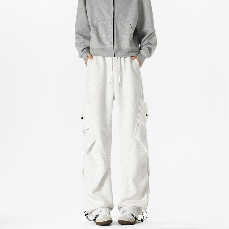 Men's Casual Cargo Fleece Pants with Wide Leg, Drawstring Waistband and Patch Flap Pockets Chichicherry