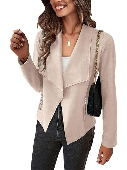 Women Faux Suede Waterfall Blazer with Asymmetrical Hem and Zipper Pockets Chichicherry