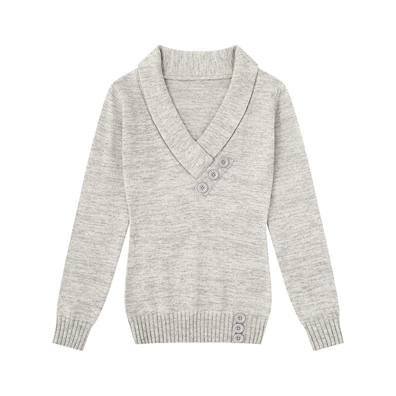 Women’s fine knit pullover with shawl collar, V-neck and decorative buttons Chichicherry