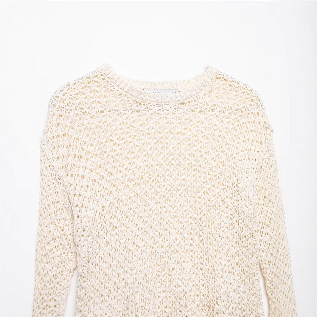 Women's loosely knitted lace pullover with ruffled hem and flared sleeves Chichicherry