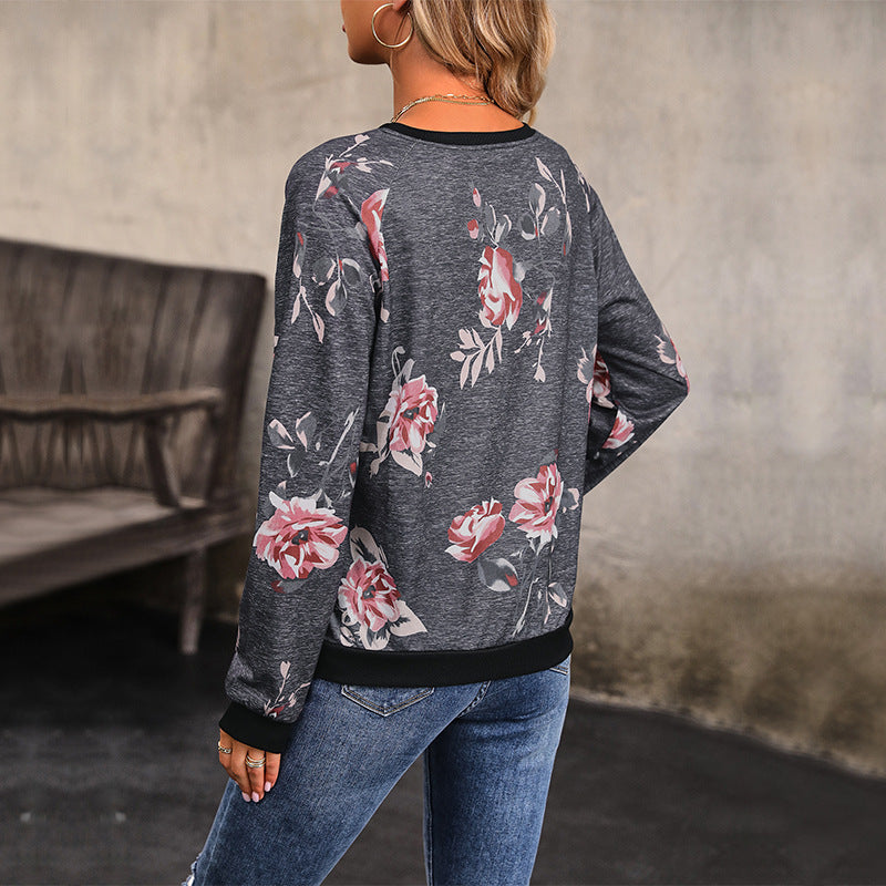 Women's Casual Raglan Sweatshirt with Floral Vintage Pattern and Ribbed Cuffs Chichicherry