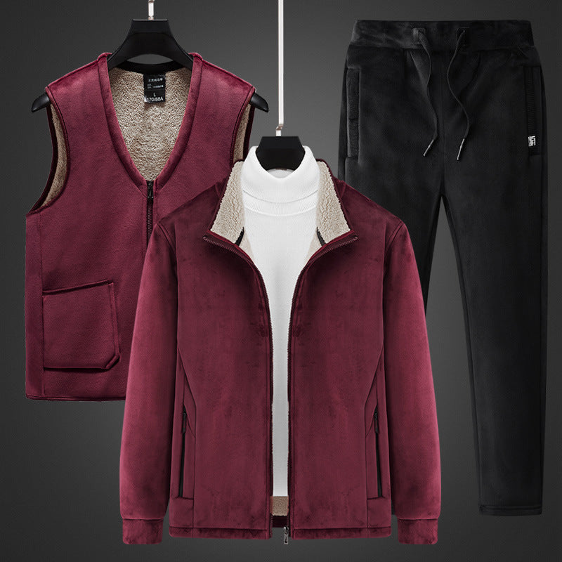 Men's warming fleece three-piece set with zip jacket, teddy vest, and joggers Chichicherry