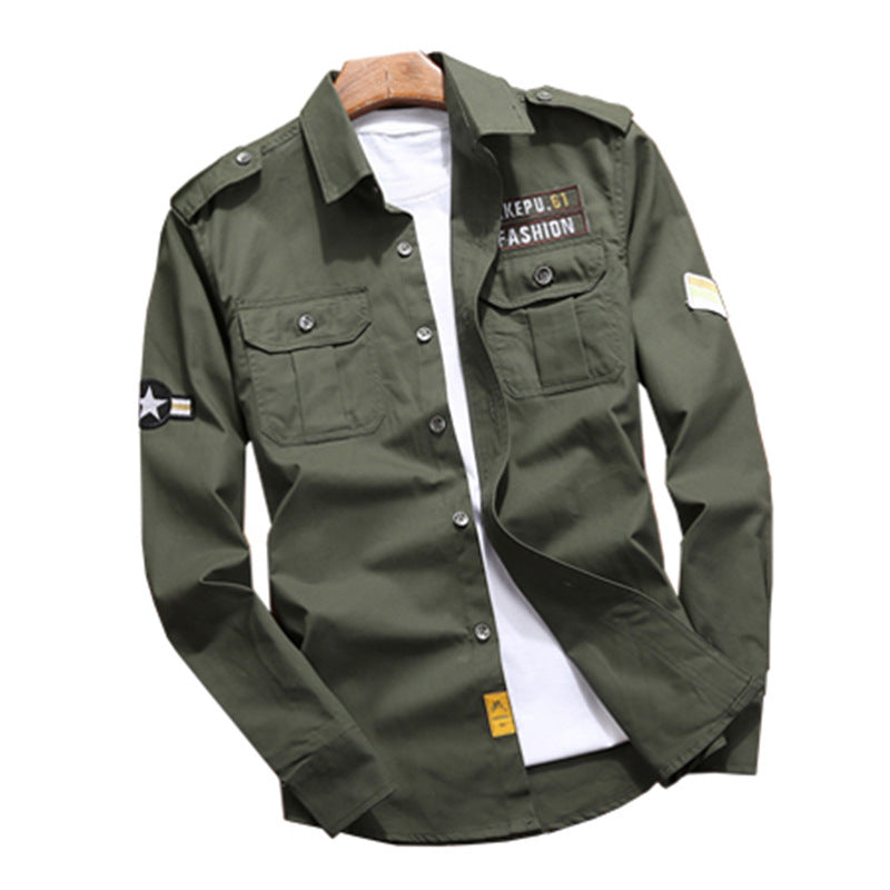 Men's utility shirt jacket with shoulder flaps, patch chest pockets, and patch applications Chichicherry