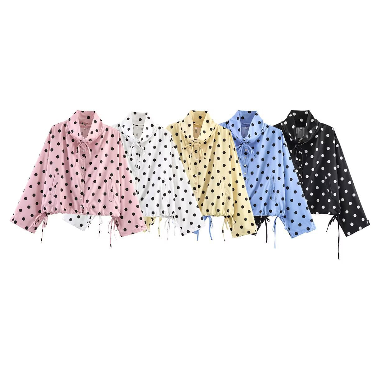 Women's Cropped Polka Dot Transition Jacket with Stand-Up Collar, Drawstring Hem and Button Placket Chichicherry