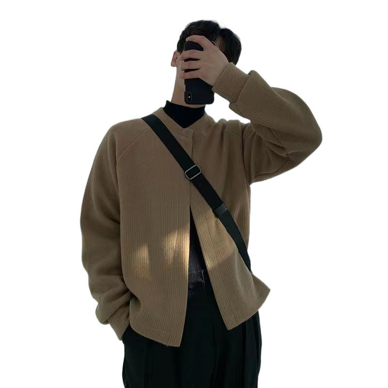Herren Kragenloser Boxy-Rippenstrick-Cardigan mit verdeckter Druckknopfleiste Chichicherry
