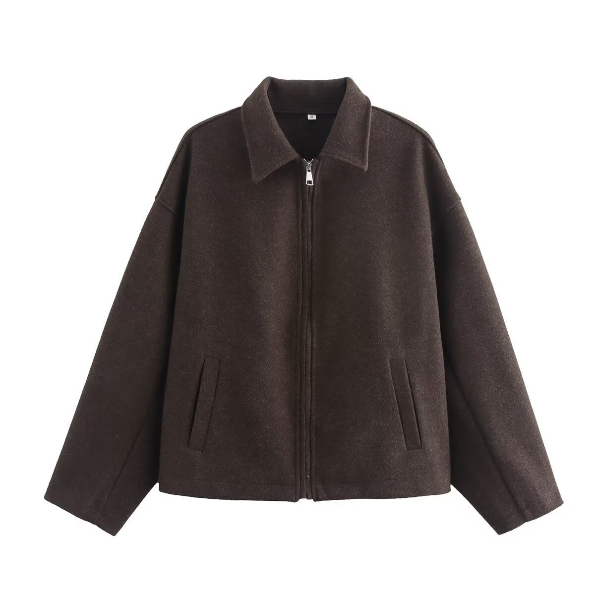 Women Boxy Wool Blend Bomber Jacket with Shirt Collar, Concealed Zipper and Side Pockets Chichicherry