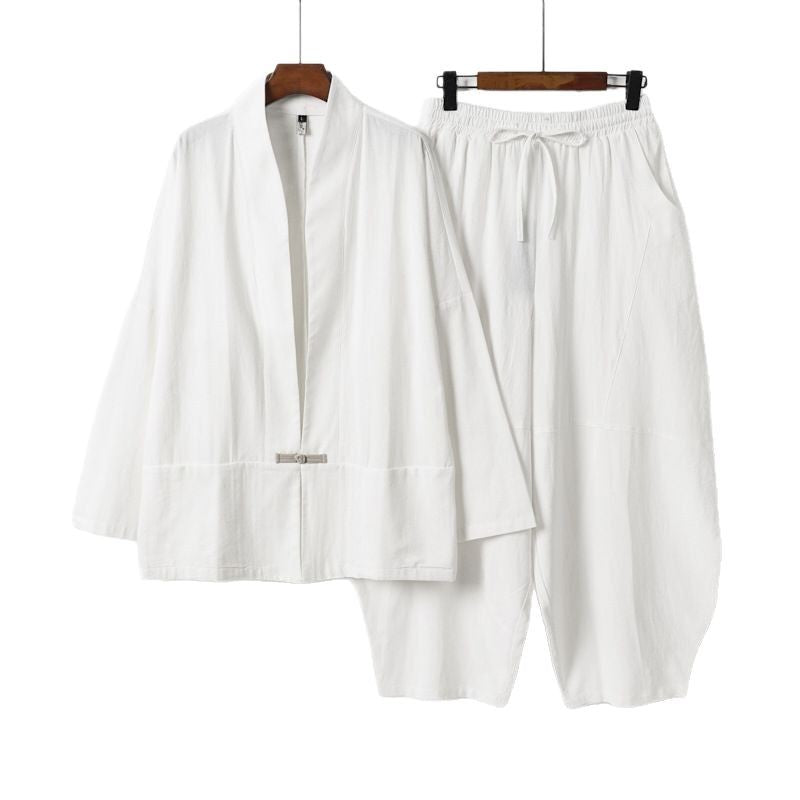 Men's Kimono Loungewear Set with Short Shawl Collar and Loose Harem Waist Pants Chichicherry
