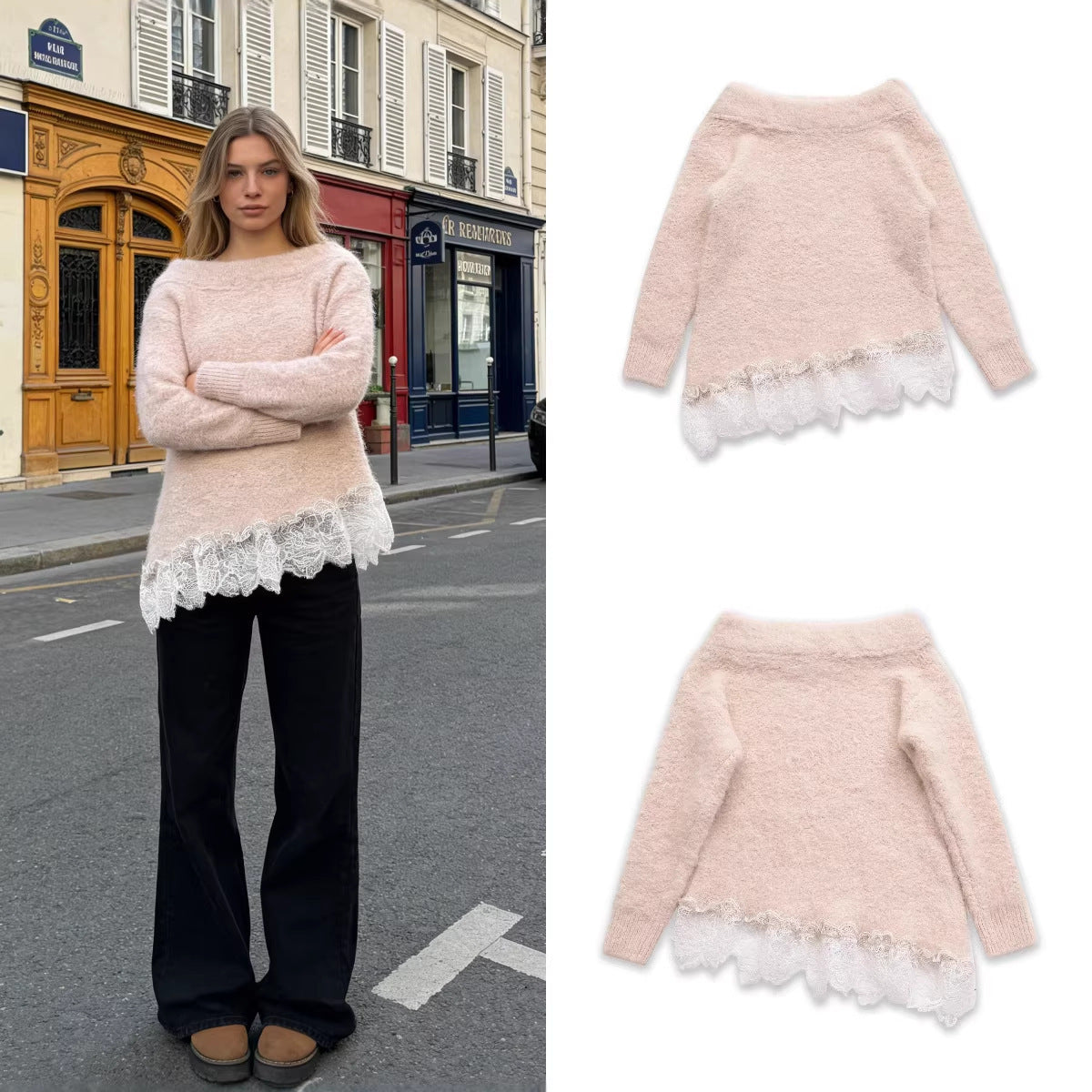 Women's Fuzzy Knit Sweater with Off-the-Shoulder Neckline and Lace Trim Chichicherry