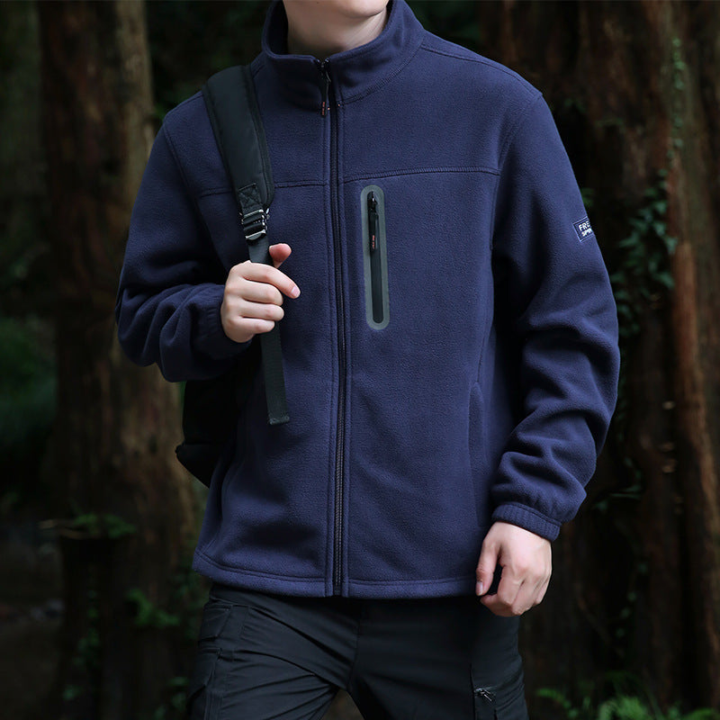 Men's Thermal Microfleece Outdoor Jacket with Stand-Up Collar, Waterproof Chest Zip Pocket Chichicherry