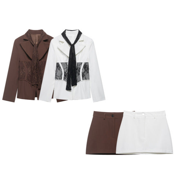 Women Tailored Blazer with Lace Inserts and Integrated Lace Scarf Chichicherry
