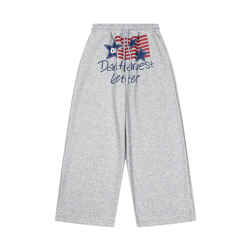 Women's Wide Culotte Lounge Pants with High Comfort Waistband, Drawstring and Star Flag Print Chichicherry