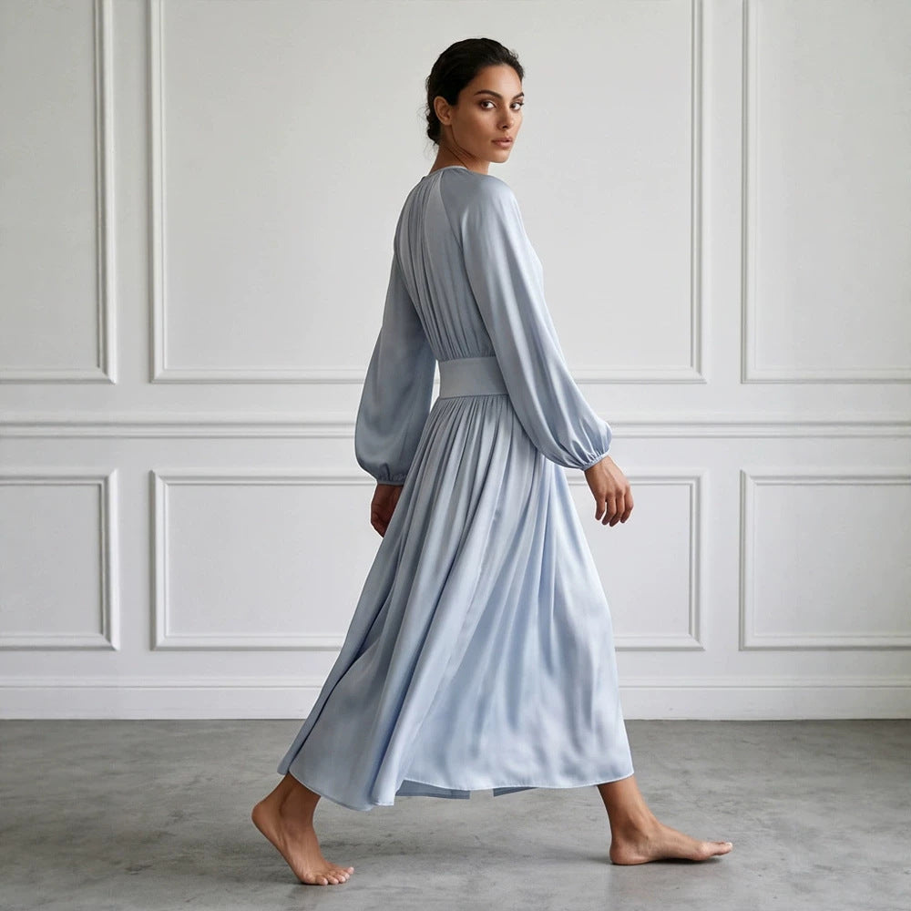 Women's Flowing Midi Dress with Wide Waistband, Gathered Top and Balloon Sleeves Chichicherry