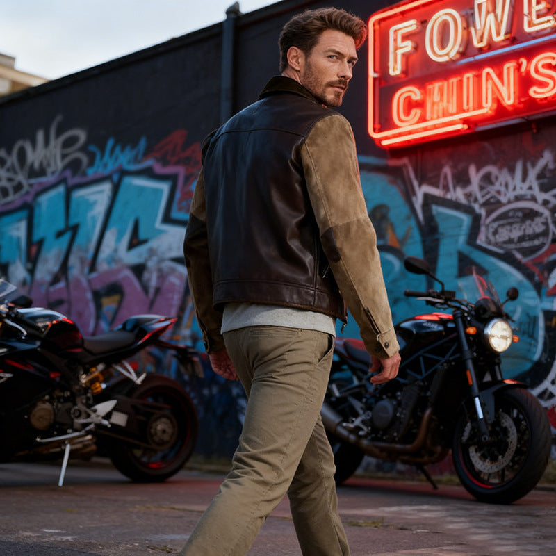 Men's leather jacket with cord sleeves, shirt collar and full zip Chichicherry