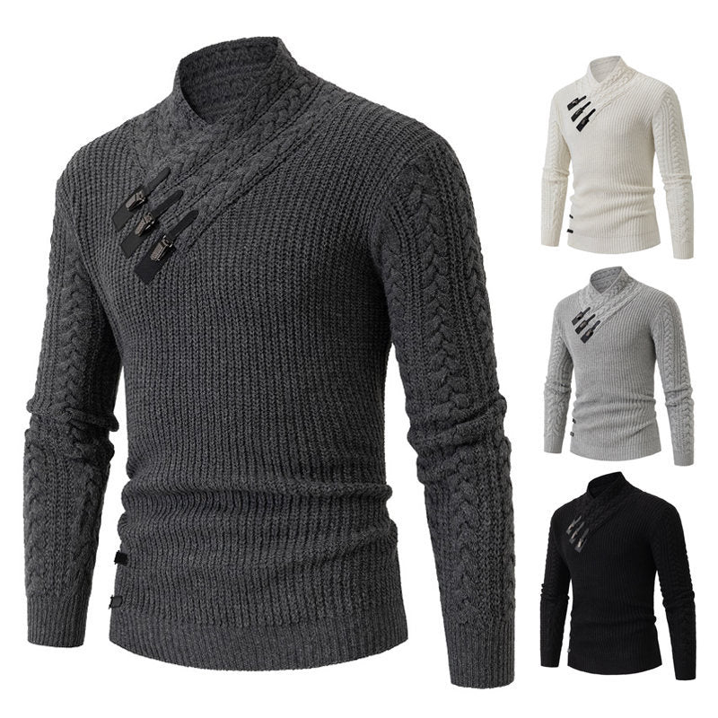 Men's Structured Cable Knit Mock Neck Sweater with Asymmetrical Strap Decoration Chichicherry