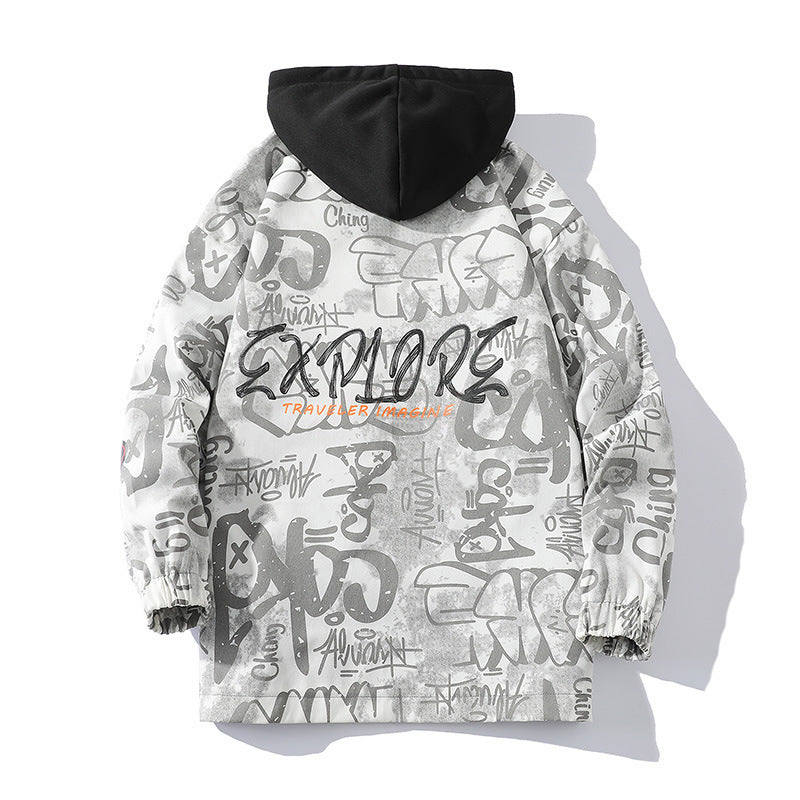 Men's Graffiti Print Hooded Parka with Zip-In Fleece Inner Layer Chichicherry