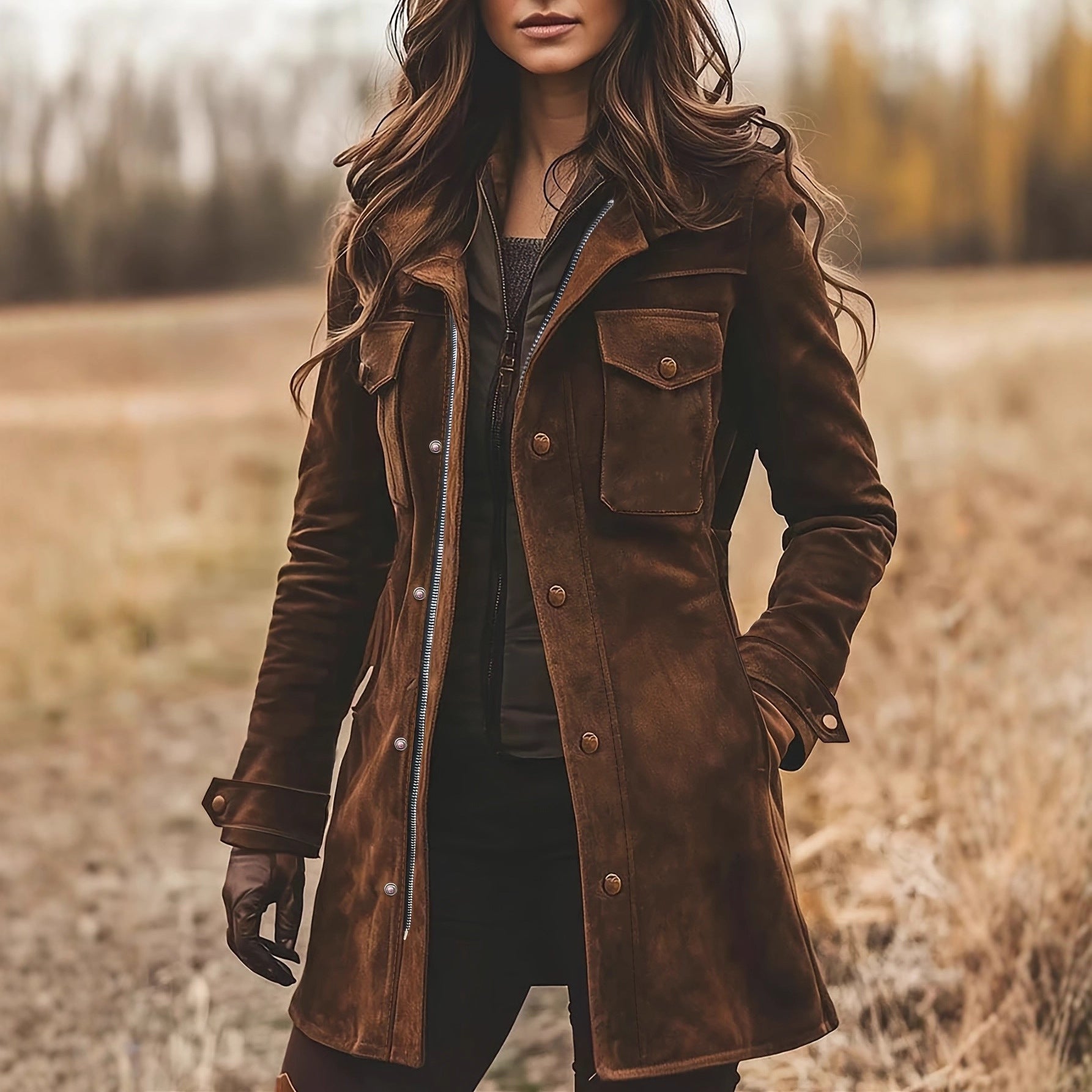 Women's long jacket made of suede leather with utility pockets and concealed zipper Chichicherry