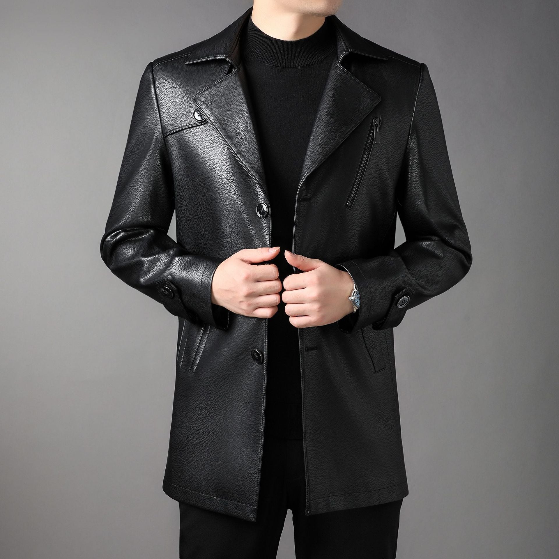Men's long leather coat with lapel collar and chest zip Chichicherry