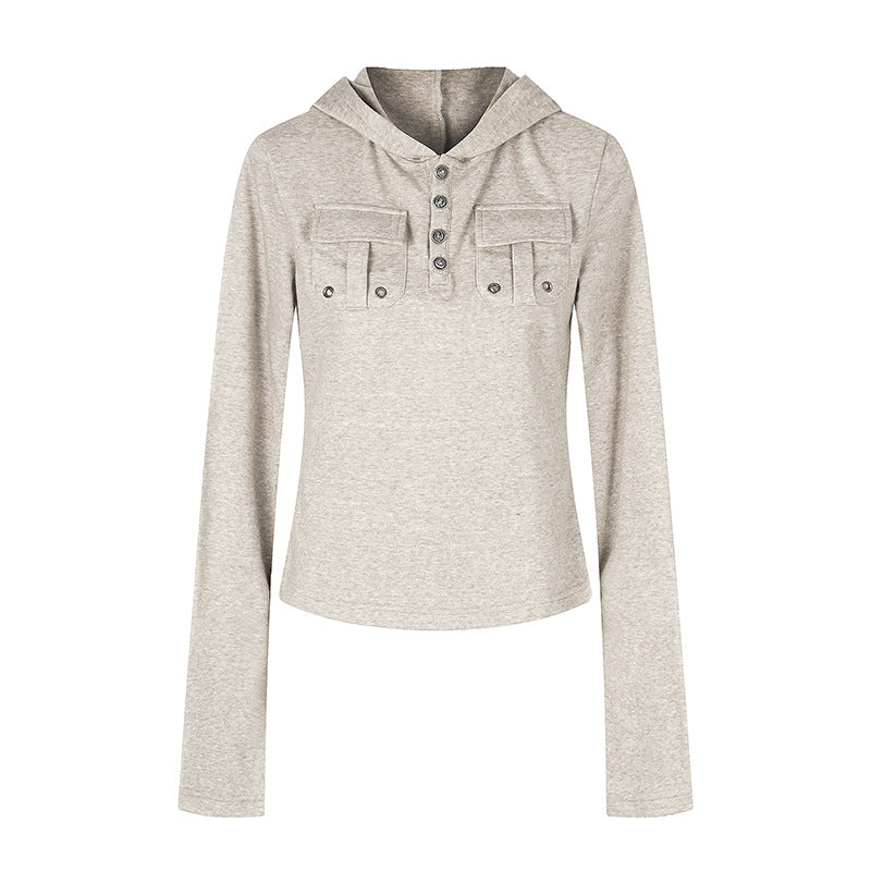 Women's Lightweight Hoodie Long Sleeve Shirt with Henley Button Placket and Patch Chest Pockets Chichicherry