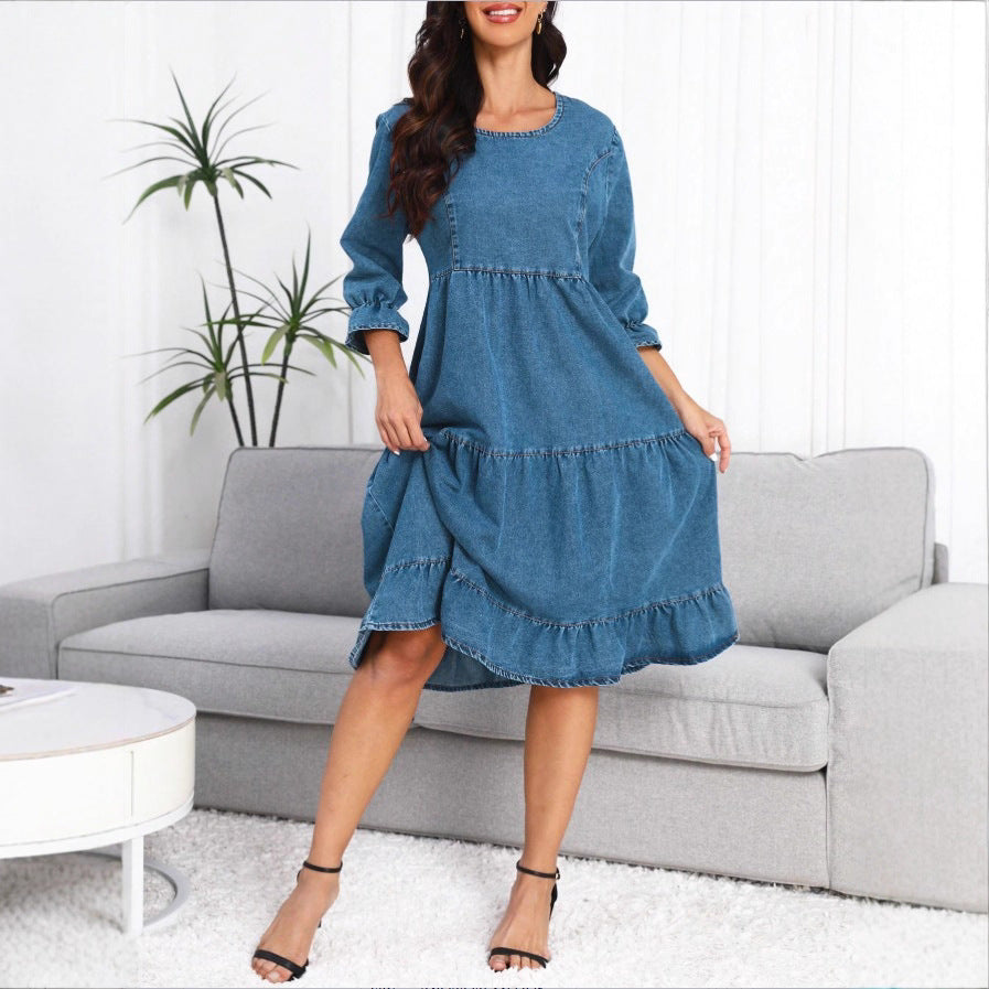 Women's tiered ruffle denim midi dress with elbow-length sleeves and gathered empire waist Chichicherry