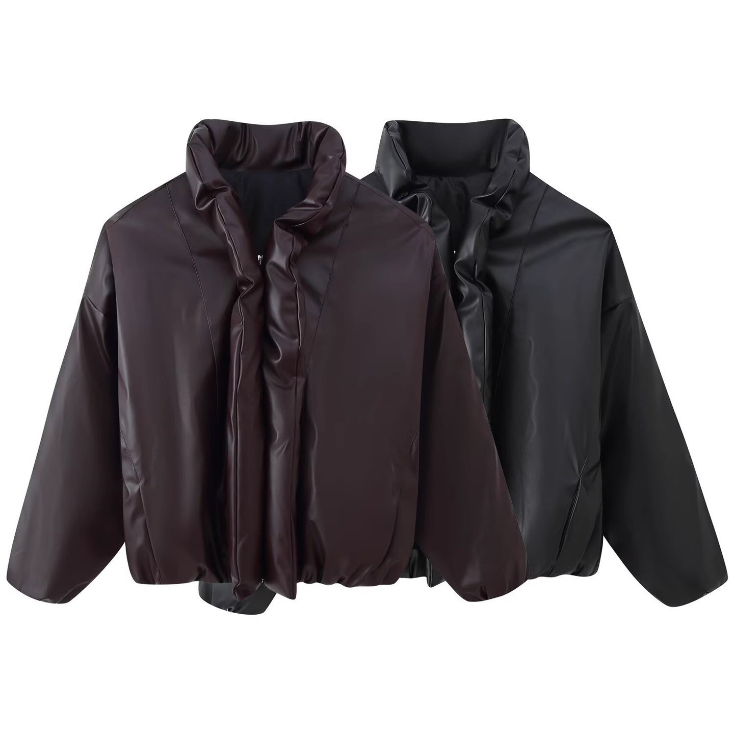 Women Oversized Faux Leather Blouson with Voluminous Stand Collar and Elastic Hem Chichicherry