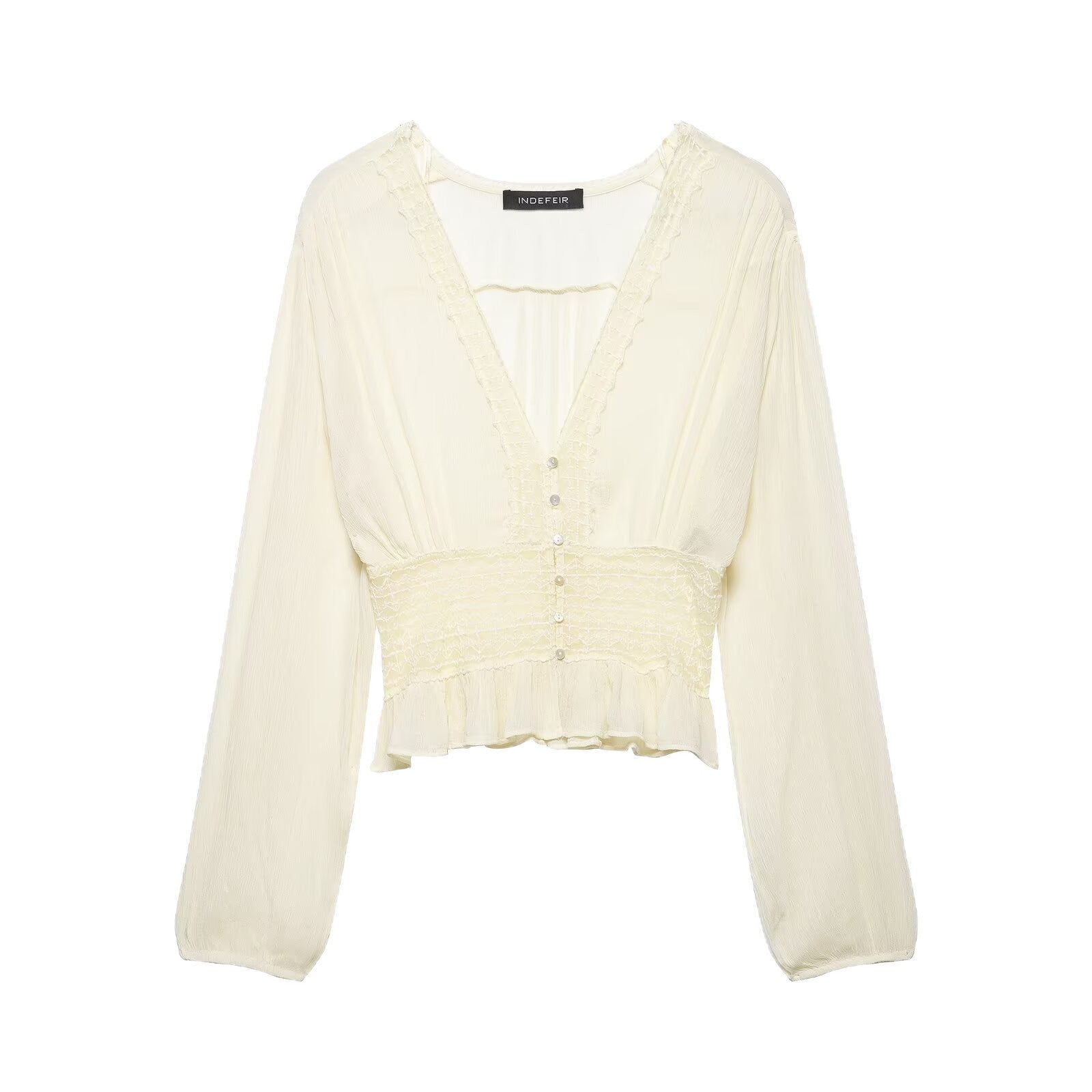 Women's Delicate Long Sleeve Blouse made of Crinkle Chiffon with Deep V Neckline, Smocked Waist and Ruffled Hem Chichicherry