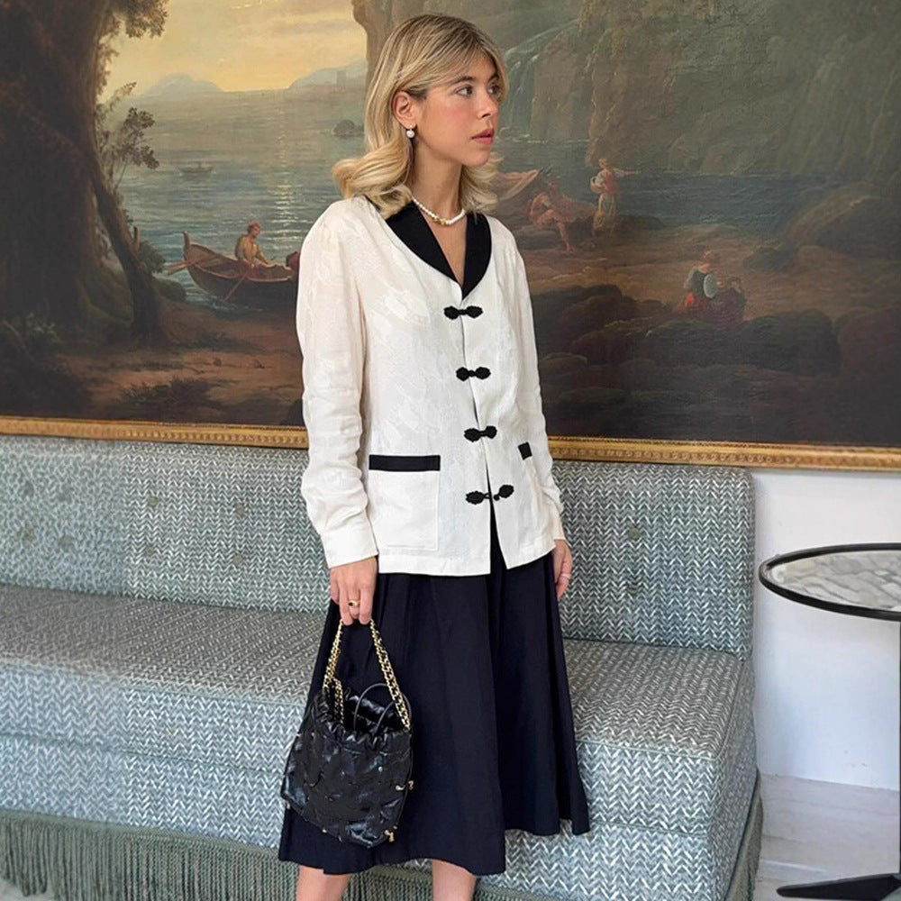 Women's Tailored Jacquard Jacket with Contrast Collar and Knot Closures Chichicherry
